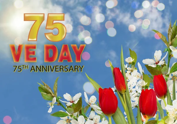 V-E Günü 75. yıldönümü - 8 Mayıs 1945 'te Coloful arkaplan, kırmızı laleler, gün ışığı ve boke' a karşı Avrupa 'da Zafer Günü tebrik kartı