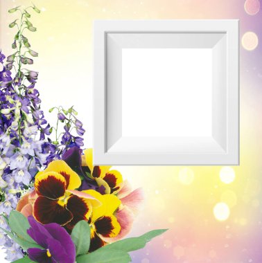 Beyaz çerçeveli yaz çiçekleri. Renkli arkaplanda üç renkli viyola güneş ışığı ve fotoğraf çerçevesi, taklit et