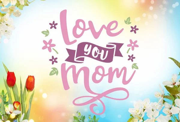Aime Maman Carte Vœux Avec Des Tulipes Rouges Fleurs Cerisier — Photo