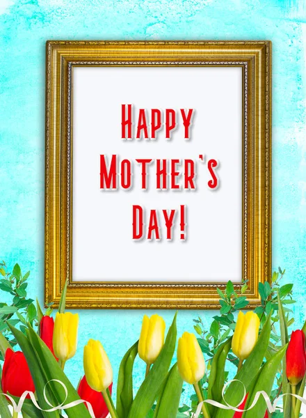 Happy Mother Day Greeting Card Beautiful Tulips Vintage Gold Frame — Stock Photo, Image