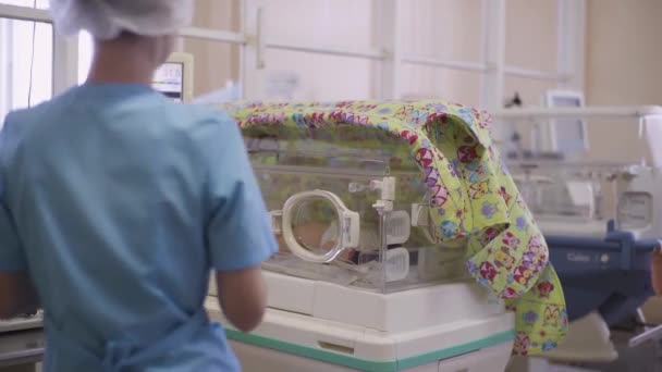 Жінка-лікар наближається до інкубатора з новонародженим — стокове відео