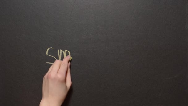 Stop met roken. Een linkse vrouwelijke hand schrijft het woord "roken" met lichtgroen krijt op een zwart bord en slaat het daarna uit met wit krijt. Conceptuele krijttekening — Stockvideo