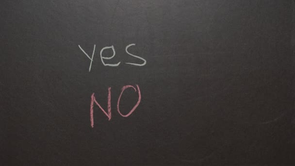 Ja oder Nein auf Tafel-Hintergrund. Rechtshänderin entscheidet sich für Ja. Rotes Nein und grünes Ja. Entscheidungsfindung — Stockvideo