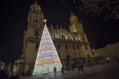 Aydınlatılmış gece manzarası Noel ağacı ışıkları ve arka planda Jaen Katedrali