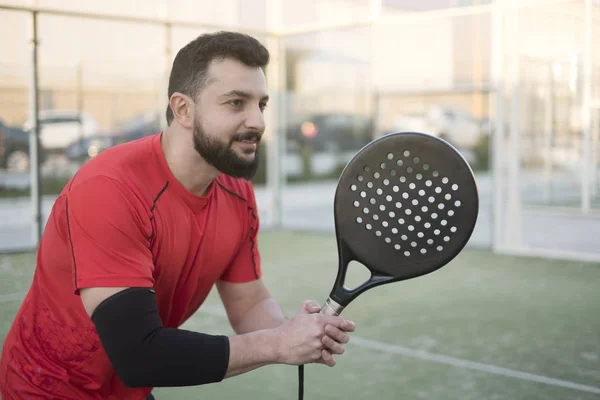 Pádel Jugador Tenis Juego Entrenamiento Cancha Con Codo Más Caliente — Foto de Stock