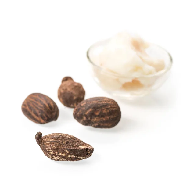 Shea nuts and butter on white — Stock Photo, Image