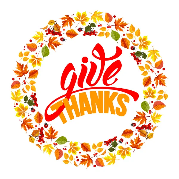 Hálaadás üdvözlés kártya-val őszi levelek — Stock Vector