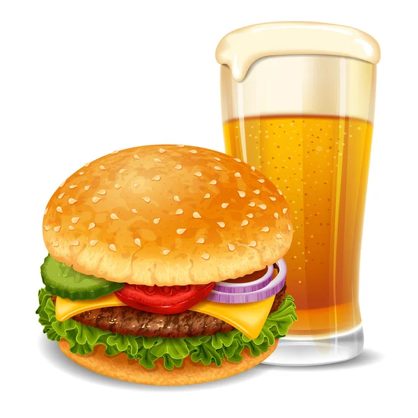 Big tasty hamburger with beer glass — Stock Vector