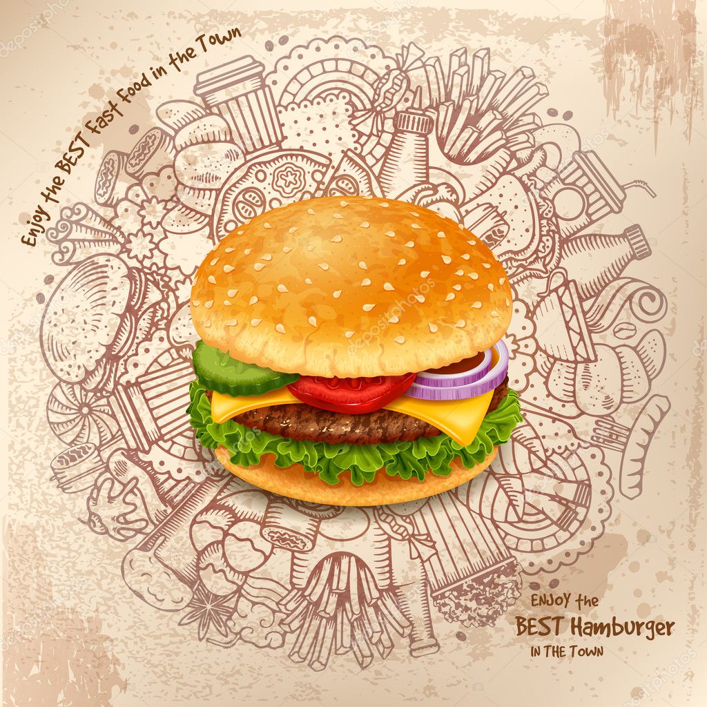 Fast Food Round Design in Outline Hand Drawn Doodle Style with Different Objects on Fast Food Theme. Tasty Hamburger in center. Vector stock Illustration.