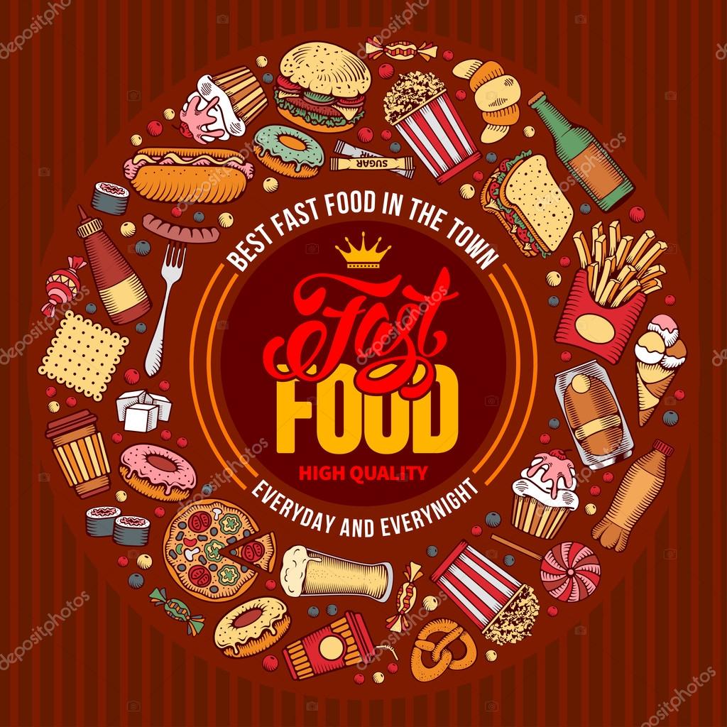 Fast Food Menu Template in Hand Drawn Doodle Style with Different Objects on Fast Food Theme. Rounded Design. All elements are separated and editable. Vector stock Illustration.