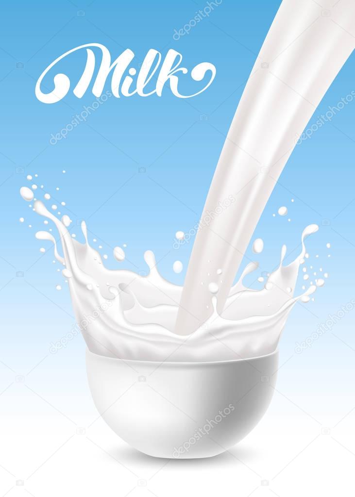 Milk pouring with splash like crown in white ceramic bowl against blue background. Vector realistic illustration.
