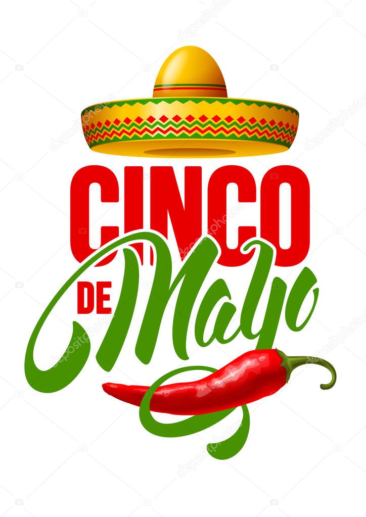 Cinco de Mayo emblem design with hand drawn calligraphy lettering, sombrero and red pepper jalapeno - symbols of holiday. Isolated on white background. Vector illustration.
