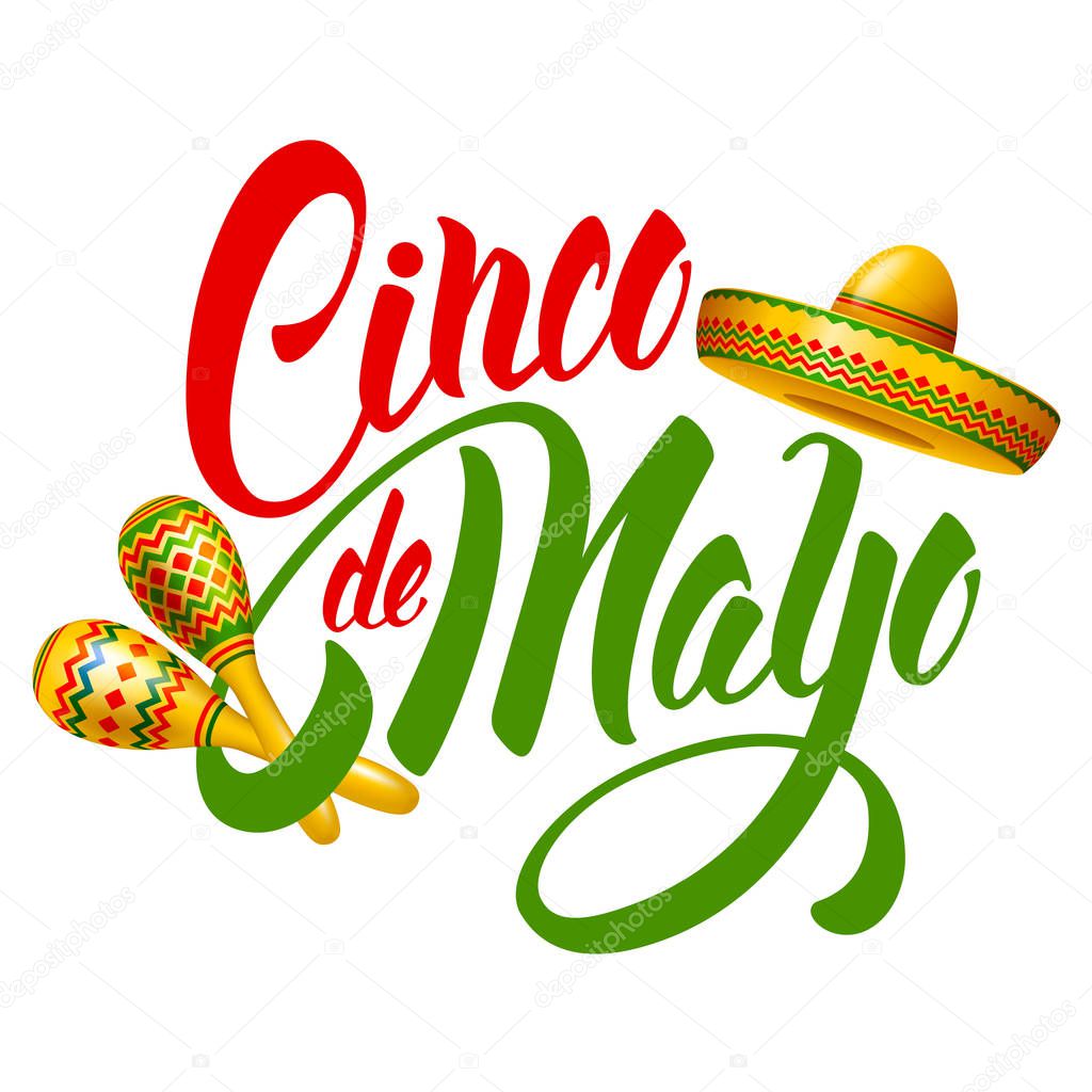 Cinco de Mayo emblem design with hand drawn calligraphy lettering, sombrero and maracas - symbols of holiday. Isolated on white background. Vector illustration.