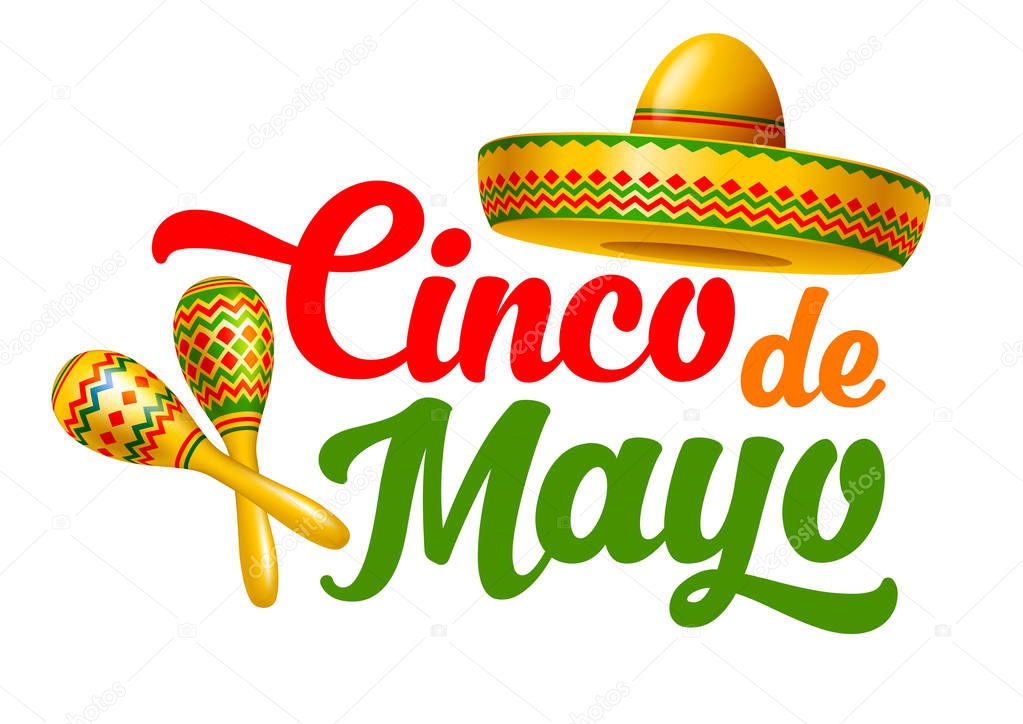 Cinco de Mayo emblem design with hand drawn calligraphy lettering, sombrero and maracas - symbols of holiday. Isolated on white background. Vector illustration.