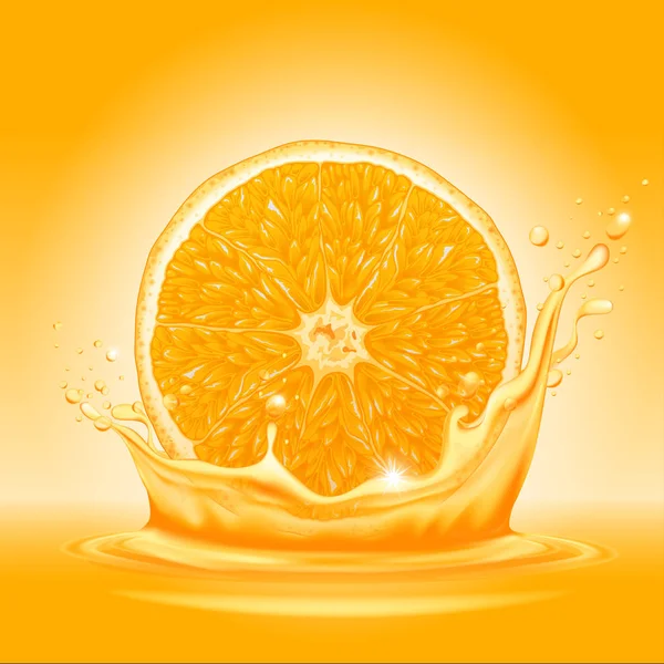 Rebanada de naranja y salpicadura de jugo — Vector de stock