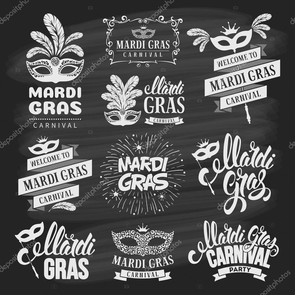 Mardi Gras Carnival festive typography labels set. Isolated on white background. Vector illustration.