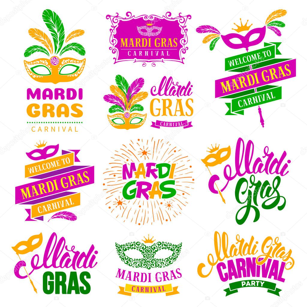 Mardi Gras Carnival festive typography labels set. Isolated on white background. Vector illustration.