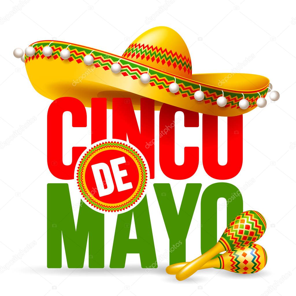 Cinco de Mayo emblem design with lettering, sombrero and maracas - symbols of holiday. Isolated on white background. Vector illustration.