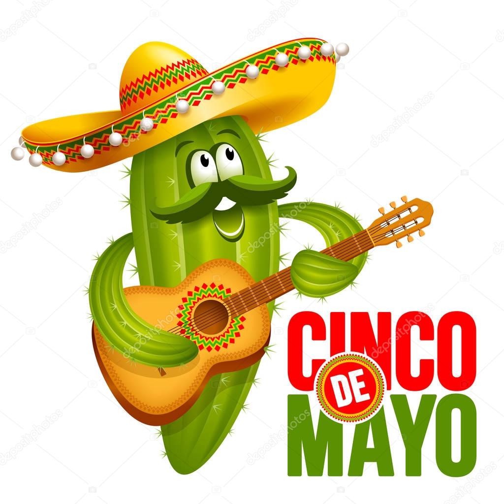Cinco de Mayo emblem design with lettering, and cheerful green Mexican cactus wearing sombrero, which playing guitar - symbols of holiday. Isolated on white background. Vector illustration.
