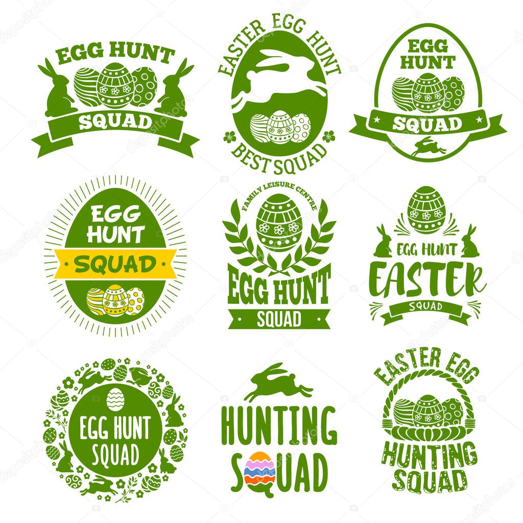 Easter emblems set for Egg hunting squad. Stylized, plain and monochrome labels with bunny, painted eggs, calligraphy and lettering. Isolated on white background. Vector illustration.