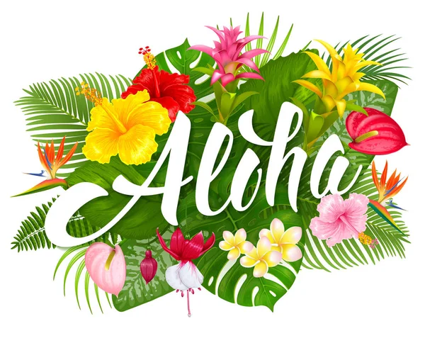 Aloha Hawaii belettering en tropische planten — Stockvector