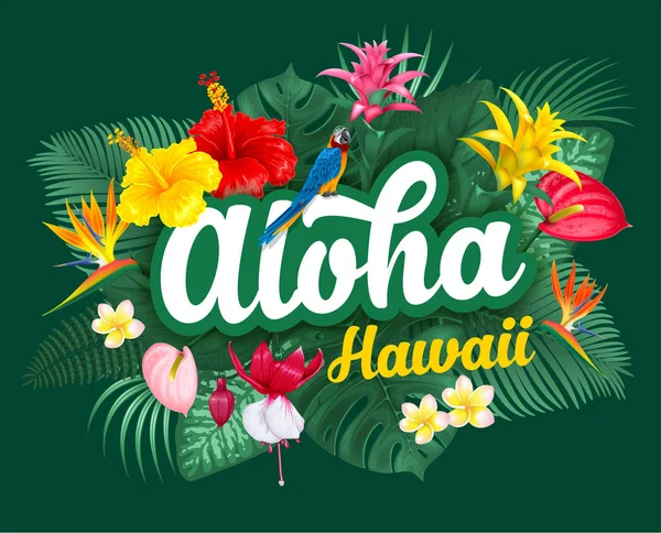 Letras Aloha Hawaii e plantas tropicais — Vetor de Stock