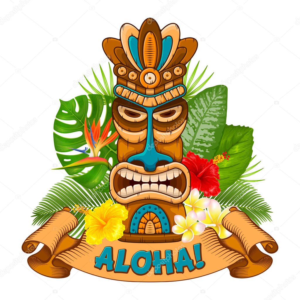 Tiki tribal wooden mask, tropical exotic plants and signboard of bar. Hawaiian traditional elements. Isolated on white background. Vector illustration.