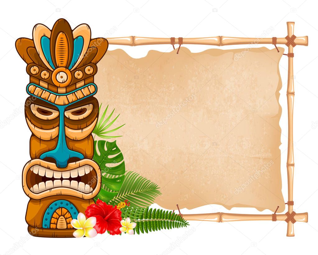 Wooden Tiki mask and bamboo signboard