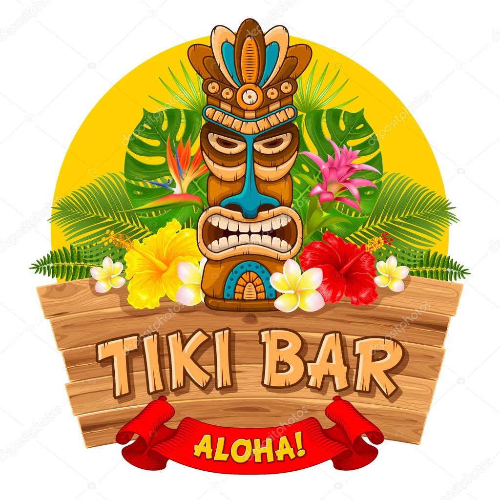 Tiki tribal wooden mask, tropical exotic plants and signboard of bar. Hawaiian traditional elements. Isolated on white background. Vector illustration.