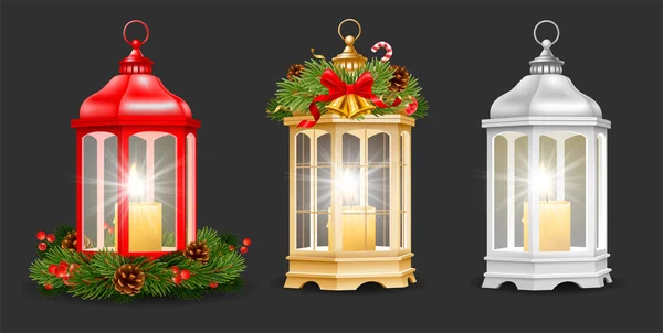 Conjunto de linterna de Navidad y Año Nuevo con vela — Vector de stock