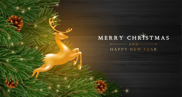 Plantilla de tarjeta de felicitación de Navidad y Año Nuevo con ciervo dorado A — Archivo Imágenes Vectoriales