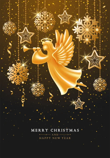 Szablon kartki świątecznej i noworocznej ze złotym aniołem — Wektor stockowy