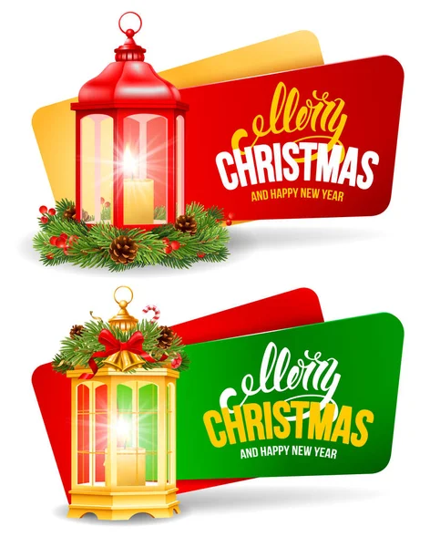 Banners festivos de Navidad con conjunto de linterna vintage — Vector de stock