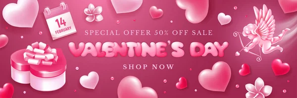 Valentines Day Sale Banner With Cupid And Hearts — Stock Vector