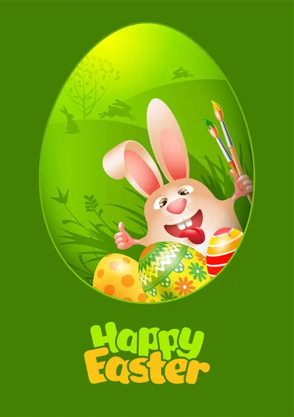 Easter Bunny With Art Paint Brushes And Colored Egg — 스톡 벡터