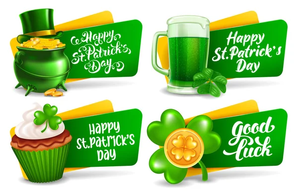 Happy Saint Patricks Day świąteczne etykiety lub odznaki zestaw — Wektor stockowy