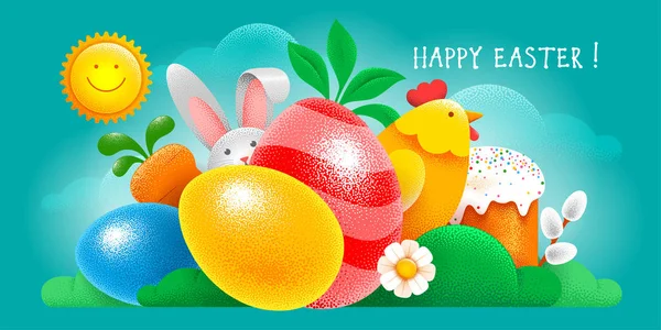 Tarjeta de felicitación feliz Pascua con Símbolos de Pascua Huevos Bunny Chicke — Vector de stock