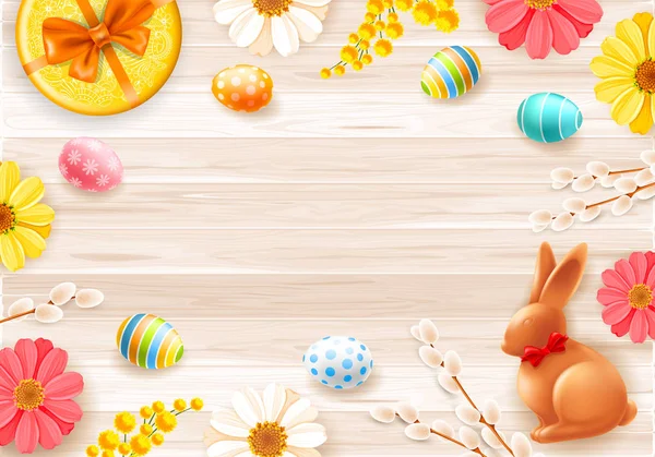 带着彩蛋 花朵和巧克力复活节兔子的快乐复活节横幅 背景上的木板 复活节广告和购物横幅模板 矢量说明 — 图库矢量图片