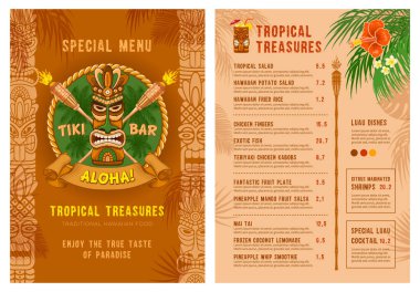 Tiki bar ya da kulüp menüsü için şablon. Arka ve arka tarafı kollayın. İçkiler ve yemek. Geleneksel Tiki maskesi, meşaleler, tropik bitkiler ve çiçekler. Vektör illüstrasyonu.