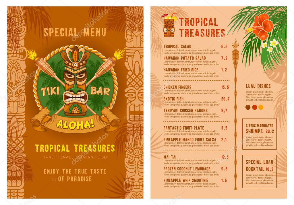 Template for menu of Tiki bar or club. Cover and back side. Drinks and food. Traditional Tiki mask, torches and tropical plants and flowers. Vector illustration.