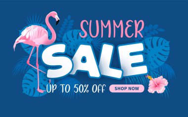 Yaz satışıyla ilgili reklam afişi. Etkileyici harfler, parlak amber çiçeği, pembe flamingo, tropikal yapraklar ve moda klasik mavi arka planda dükkan için düğme. Vektör illüstrasyonu.