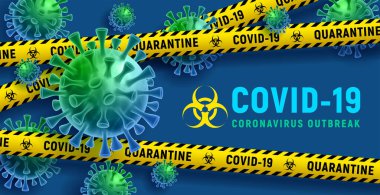 Covid-19. Coronavirus salgını. Klasik mavi arka planda tehlike bandının arkasında hacimsel virüs hücreleri olan pankart tasarımı. 2019-NCoV karantina uyarı konsepti. Vektör illüstrasyonu.