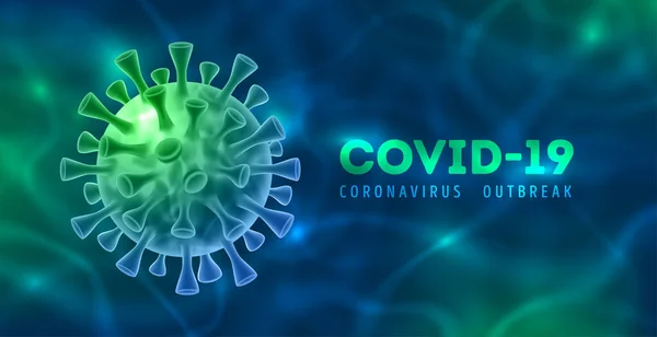 Covy コロナウイルス病の発生 危険なSarsの流行 ボリューメトリックウイルス細胞をぼやけた青で表現したバナーデザイン ターコイズの背景 2019 Ncvのコンセプト ベクターイラスト — ストックベクタ