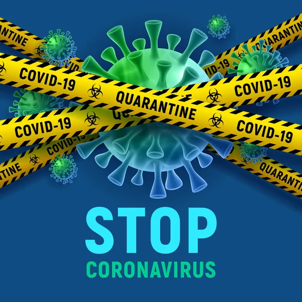 Covy コロナウイルス病の発生 古典的な青の背景に危険テープの後ろにボリュームのあるウイルス細胞とバナーデザイン 2019 Ncov隔離警告コンセプト ベクターイラスト — ストックベクタ