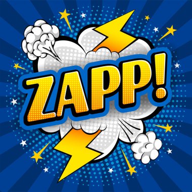 Komik konuşma balonu, bir patlama gibi, Zapp ve yıldırım boşalması ifadesiyle. Yarım tonlu retro pop sanat tarzında parlak dinamik çizgi film tasarımı. Vektör illüstrasyonu. 