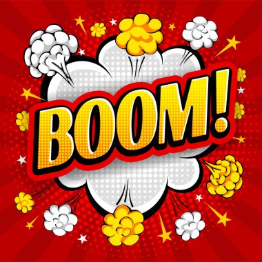 Komik konuşma balonu, bir patlama gibi, dışavurum kelimesi Boom. Yarım tonlu retro pop sanat tarzında parlak dinamik çizgi film tasarımı. Vektör illüstrasyonu. 
