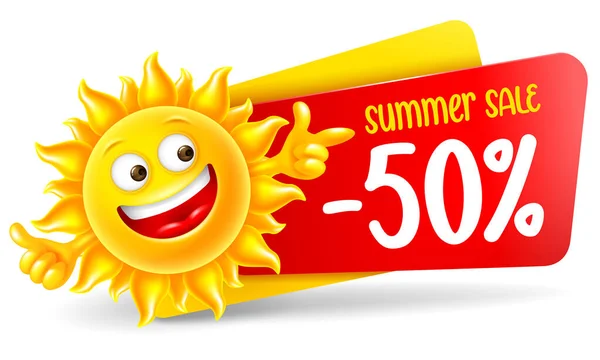 Fröhliche Sonnencharaktere Kündigen Sommerschlussverkauf Und Rabatte Zeigt Daumen Hoch Und — Stockvektor