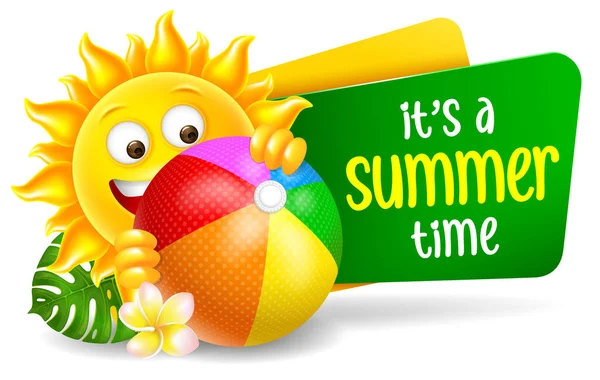Fröhliche Und Süße Sonnenfiguren Kündigen Die Sommerzeit Lächelnd Hält Einen — Stockvektor