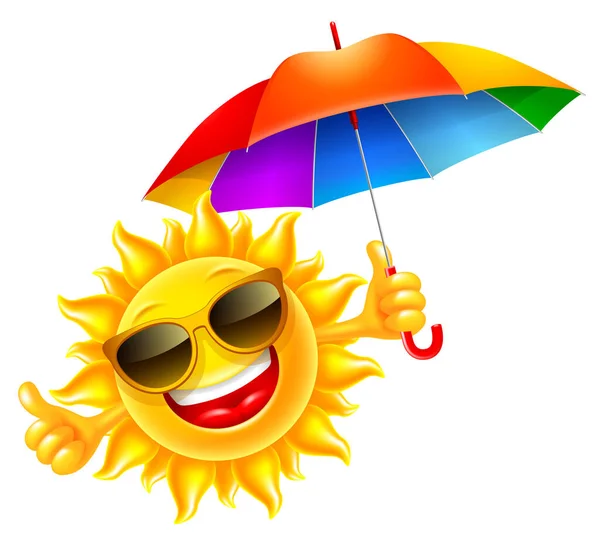 Fun Summer Sun Cartoon Character Holds Multicolored Umbrella Wears Sunglasses — Stock Vector