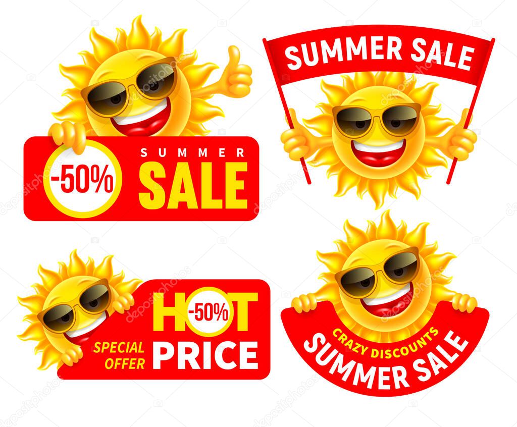 Set of cheerful sun characters which announce Summer sale and discounts. Showing thumbs up, holding summer sale banner, with sunglasses. Bright cartoon elements for advertising design. Vector.